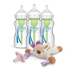 dr. brown's options+ wide-neck glass anti-colic baby bottles, 9oz 3-pack and lovey pink pacifier with teether holder, soft stuffed animal deer, 100% silicone happipaci, 0+ months