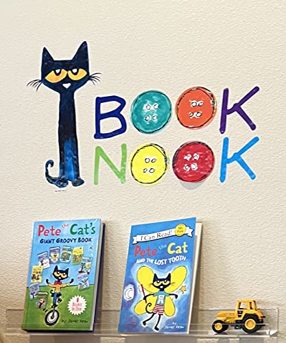 Pete The Cat Book Nook Decal - Reading Corner Wall Sticker | Groovy Vinyl Decals for Library, Nursery, Kindergarten Classroom, Kid’s Bedroom Décor – Multicolored Kitten Quote 20”x11”