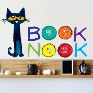 Pete The Cat Book Nook Decal - Reading Corner Wall Sticker | Groovy Vinyl Decals for Library, Nursery, Kindergarten Classroom, Kid’s Bedroom Décor – Multicolored Kitten Quote 20”x11”