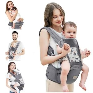 baby carrier newborn to toddler, mumgaroo ergonomic 6-in-1 baby carrier with hip seat complete all seasons, adjustable & removable baby holder backpack with baby hood 0-36 months (grey)