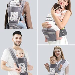 Baby Carrier Newborn to Toddler, Mumgaroo Ergonomic 6-in-1 Baby Carrier with Hip Seat Complete All Seasons, Adjustable & Removable Baby Holder Backpack with Baby Hood 0-36 Months (Grey)