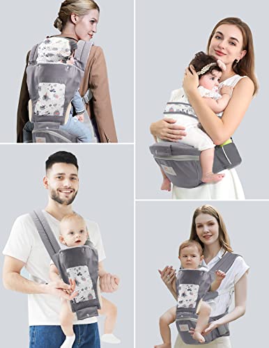 Baby Carrier Newborn to Toddler, Mumgaroo Ergonomic 6-in-1 Baby Carrier with Hip Seat Complete All Seasons, Adjustable & Removable Baby Holder Backpack with Baby Hood 0-36 Months (Grey)