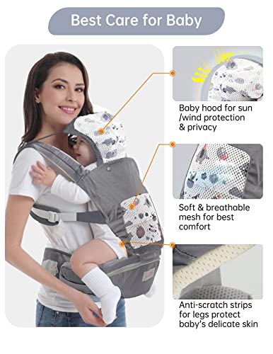 Baby Carrier Newborn to Toddler, Mumgaroo Ergonomic 6-in-1 Baby Carrier with Hip Seat Complete All Seasons, Adjustable & Removable Baby Holder Backpack with Baby Hood 0-36 Months (Grey)