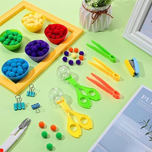 142 Pieces Fine Motor Skills Handy Scooper Set Sensory Bin Filler Includes 12 Sorting Bowls, 8 Tweezers, 2 Scissors Clips, 120 Plush Balls for Early Education and Sorting Counting Training Development