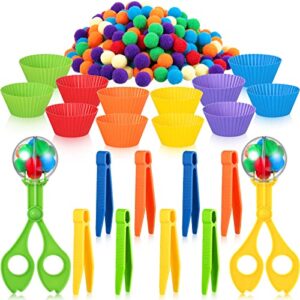 142 pieces fine motor skills handy scooper set sensory bin filler includes 12 sorting bowls, 8 tweezers, 2 scissors clips, 120 plush balls for early education and sorting counting training development