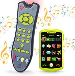 baby tv remote control and baby phone toy set for boys and girls, musical remote and pretend phone playset for babies, kids, birthday
