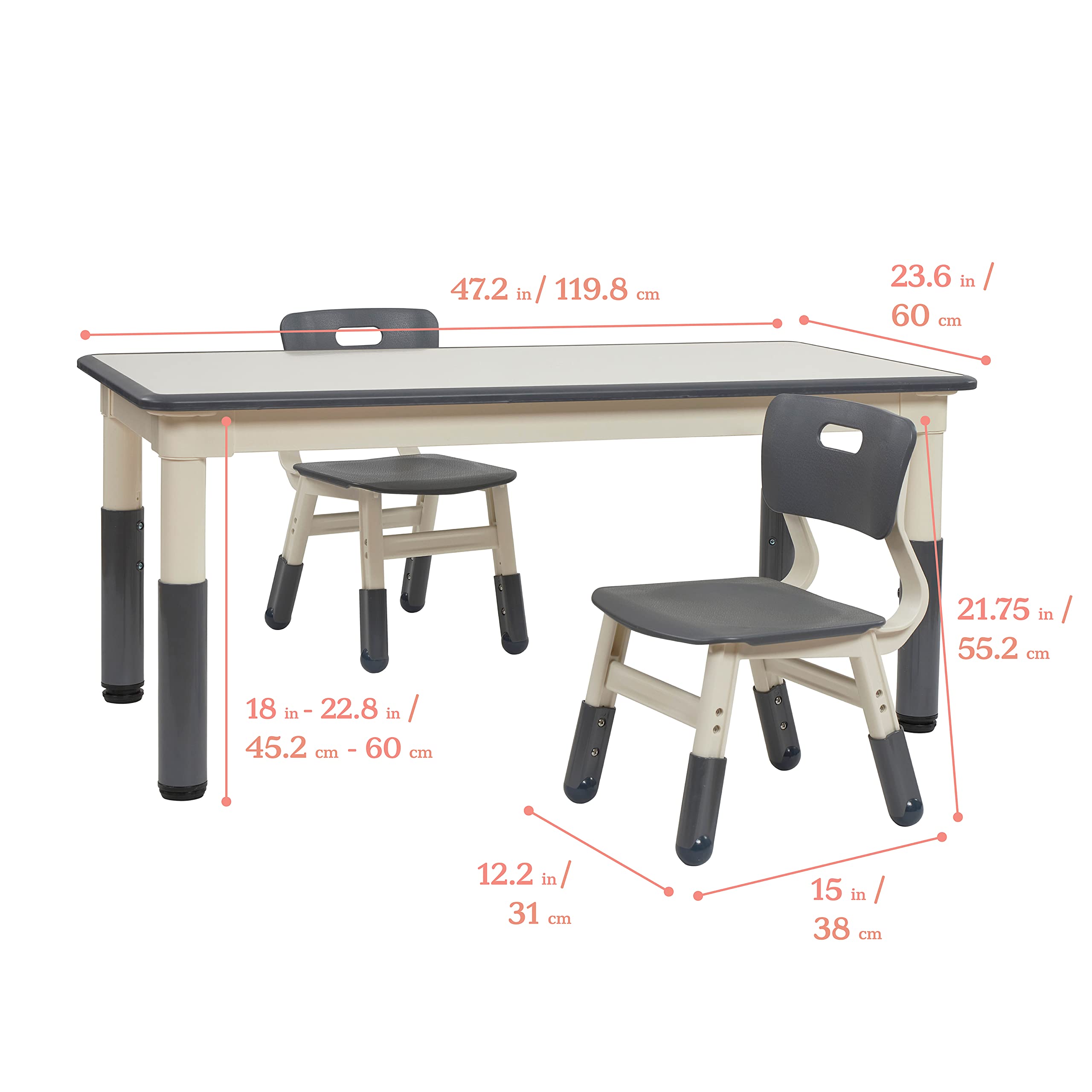 ECR4Kids Rectangle Dry-Erase Activity 2 Adjustable Height Plastic Grey Childrens-Table-and-Chair-Sets