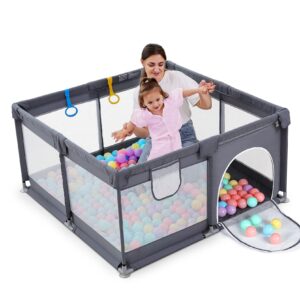 baby playpen, baby fence with gates, playpen for babies and toddlers, playards with pull-up rings, visible mesh, safe anti-fall sturdy baby play area, waterproof oxford cloth 50x50"