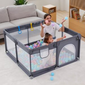 Baby Playpen, Baby Fence with Gates, Playpen for Babies and Toddlers, Playards with Pull-up Rings, Visible Mesh, Safe Anti-Fall Sturdy Baby Play Area, Waterproof Oxford Cloth 50x50"