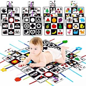 beiens baby toys 0-6 months, tummy time crinkle toys with mirror, black and white high contrast sensory toys for 0-6-12-18 months toddler newborn, boy girl gift set, play mats-4 in 1