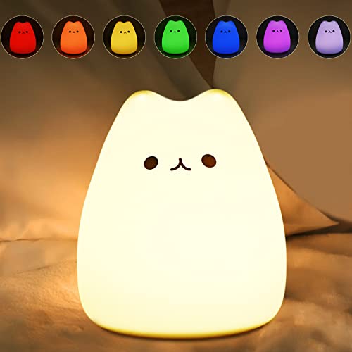 LED Cat Night Light, Battery Powered Night Light for Kids, Silicone Multicolor Cute Cat Lamp with Warm White and 7-Color Breathing Mode, Gifts for Kids, Baby, Children (Celebrity Cat)