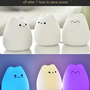 LED Cat Night Light, Battery Powered Night Light for Kids, Silicone Multicolor Cute Cat Lamp with Warm White and 7-Color Breathing Mode, Gifts for Kids, Baby, Children (Celebrity Cat)