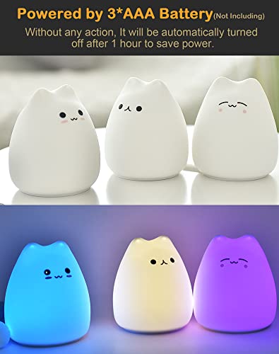 LED Cat Night Light, Battery Powered Night Light for Kids, Silicone Multicolor Cute Cat Lamp with Warm White and 7-Color Breathing Mode, Gifts for Kids, Baby, Children (Celebrity Cat)