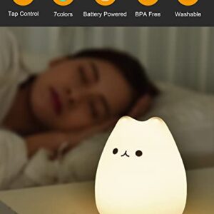 LED Cat Night Light, Battery Powered Night Light for Kids, Silicone Multicolor Cute Cat Lamp with Warm White and 7-Color Breathing Mode, Gifts for Kids, Baby, Children (Celebrity Cat)