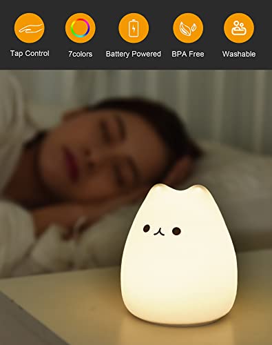 LED Cat Night Light, Battery Powered Night Light for Kids, Silicone Multicolor Cute Cat Lamp with Warm White and 7-Color Breathing Mode, Gifts for Kids, Baby, Children (Celebrity Cat)