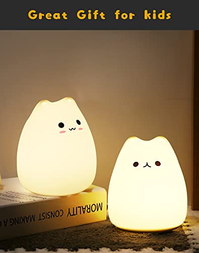 LED Cat Night Light, Battery Powered Night Light for Kids, Silicone Multicolor Cute Cat Lamp with Warm White and 7-Color Breathing Mode, Gifts for Kids, Baby, Children (Celebrity Cat)