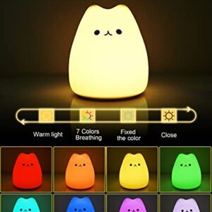 LED Cat Night Light, Battery Powered Night Light for Kids, Silicone Multicolor Cute Cat Lamp with Warm White and 7-Color Breathing Mode, Gifts for Kids, Baby, Children (Celebrity Cat)