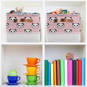 Cartoon Cute Panda Rectangular Storage Basket Storage Bin Collapsible Storage Box with Leather Handles Shelves Basket Organizer for Kitchen, Kids Room