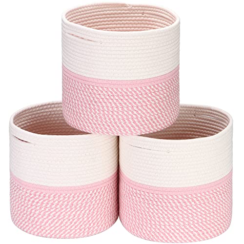 Sea Team 3-Pack Cotton Rope Basket with Handles, Woven Shelf Basket Set, Nursery Storage Bins, Kid’s Room Organizer for Toys, Clothes, 11 x 11 x 11 Inches, Mix Pink