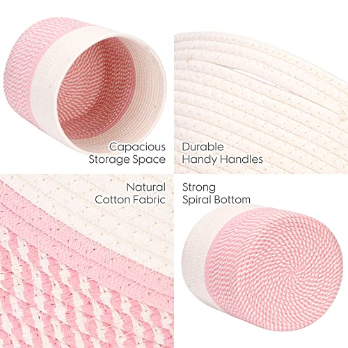 Sea Team 3-Pack Cotton Rope Basket with Handles, Woven Shelf Basket Set, Nursery Storage Bins, Kid’s Room Organizer for Toys, Clothes, 11 x 11 x 11 Inches, Mix Pink