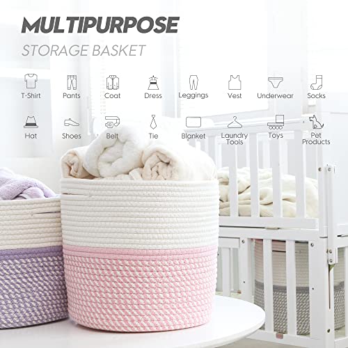 Sea Team 3-Pack Cotton Rope Basket with Handles, Woven Shelf Basket Set, Nursery Storage Bins, Kid’s Room Organizer for Toys, Clothes, 11 x 11 x 11 Inches, Mix Pink