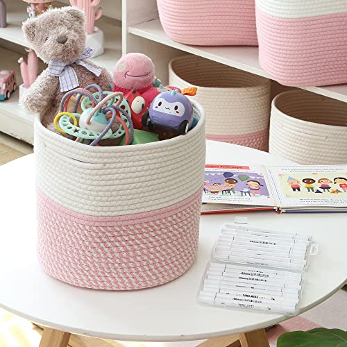 Sea Team 3-Pack Cotton Rope Basket with Handles, Woven Shelf Basket Set, Nursery Storage Bins, Kid’s Room Organizer for Toys, Clothes, 11 x 11 x 11 Inches, Mix Pink