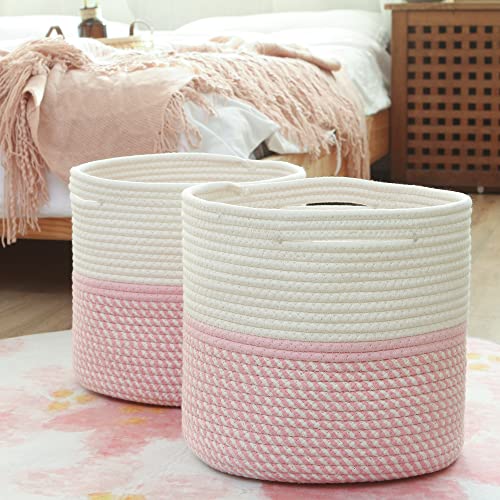 Sea Team 3-Pack Cotton Rope Basket with Handles, Woven Shelf Basket Set, Nursery Storage Bins, Kid’s Room Organizer for Toys, Clothes, 11 x 11 x 11 Inches, Mix Pink