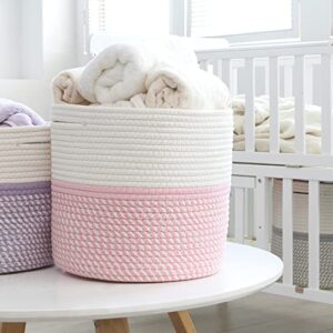 Sea Team 3-Pack Cotton Rope Basket with Handles, Woven Shelf Basket Set, Nursery Storage Bins, Kid’s Room Organizer for Toys, Clothes, 11 x 11 x 11 Inches, Mix Pink