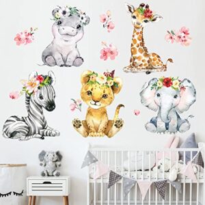 Mfault Girls Safari Jungle Baby Animals Wall Decals Stickers, African Elephant Zebra Giraffe Seahorse Lion Kids Room Nursery Decor, Watercolor Flower Decorations Toddler Bedroom Playroom Art Gift