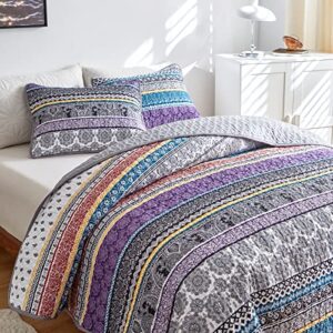 flysheep colorful quilt set queen size, 3 pieces purple boho stripes design lightweight summer bedspread/coverlet bedding set, soft microfiber for all season - 92x90 inches
