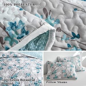 FlySheep Botanical Quilt Set Full Queen Size, 3 Pieces Grey and Aqua Elegant Floral Printed Summer Bedding Set, Soft Microfiber Lightweight Bedspread/Coverlet for All Season - 92"x90"