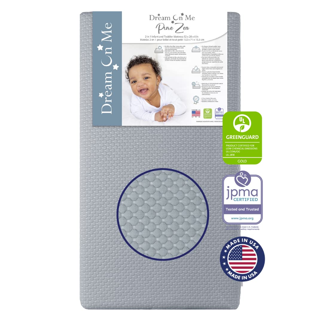 Dream On Me 2 in 1 Infant Crib and Toddler Bed Mattress | Greenguard Gold and JPMA Certified Crib Mattress | Copper-Infused Toddler Layer | Removable Zipper Cover | Pure Zen White and Grey