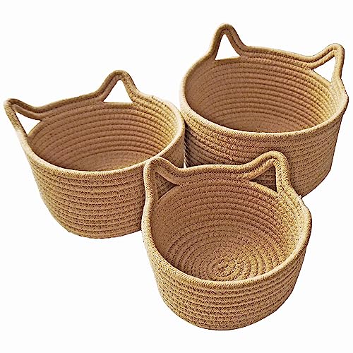 Small Woven Baskets | Mini Storage Bins | Cotton Rope Baby Nursery Organizers | Cute Round Cat Ears Basket for Organizing Desk Decor Kids Toy Dog Cat Baby Girls Gifts-Set of 3(Beige)