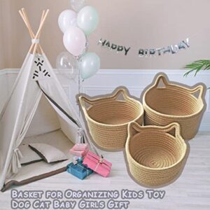 Small Woven Baskets | Mini Storage Bins | Cotton Rope Baby Nursery Organizers | Cute Round Cat Ears Basket for Organizing Desk Decor Kids Toy Dog Cat Baby Girls Gifts-Set of 3(Beige)