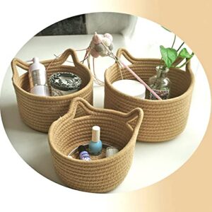 Small Woven Baskets | Mini Storage Bins | Cotton Rope Baby Nursery Organizers | Cute Round Cat Ears Basket for Organizing Desk Decor Kids Toy Dog Cat Baby Girls Gifts-Set of 3(Beige)