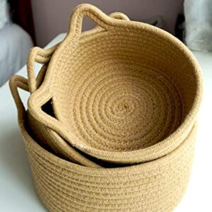 Small Woven Baskets | Mini Storage Bins | Cotton Rope Baby Nursery Organizers | Cute Round Cat Ears Basket for Organizing Desk Decor Kids Toy Dog Cat Baby Girls Gifts-Set of 3(Beige)