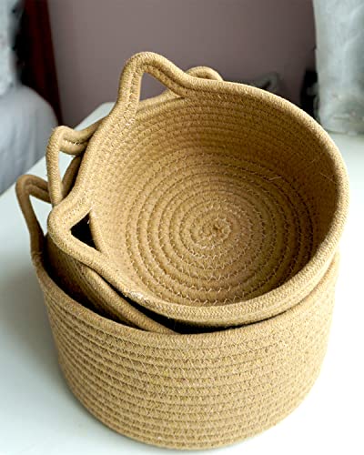 Small Woven Baskets | Mini Storage Bins | Cotton Rope Baby Nursery Organizers | Cute Round Cat Ears Basket for Organizing Desk Decor Kids Toy Dog Cat Baby Girls Gifts-Set of 3(Beige)