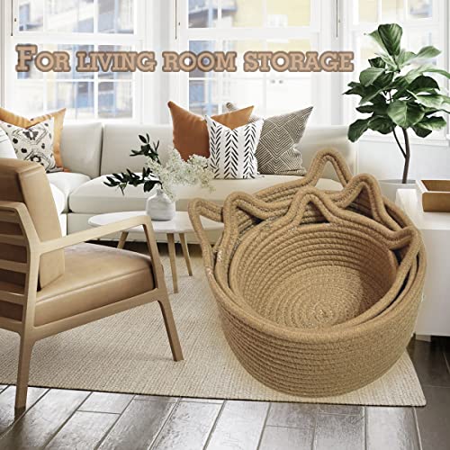 Small Woven Baskets | Mini Storage Bins | Cotton Rope Baby Nursery Organizers | Cute Round Cat Ears Basket for Organizing Desk Decor Kids Toy Dog Cat Baby Girls Gifts-Set of 3(Beige)