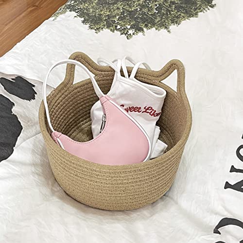 Small Woven Baskets | Mini Storage Bins | Cotton Rope Baby Nursery Organizers | Cute Round Cat Ears Basket for Organizing Desk Decor Kids Toy Dog Cat Baby Girls Gifts-Set of 3(Beige)