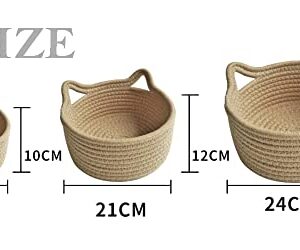 Small Woven Baskets | Mini Storage Bins | Cotton Rope Baby Nursery Organizers | Cute Round Cat Ears Basket for Organizing Desk Decor Kids Toy Dog Cat Baby Girls Gifts-Set of 3(Beige)