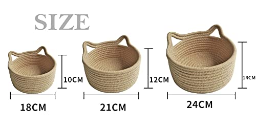 Small Woven Baskets | Mini Storage Bins | Cotton Rope Baby Nursery Organizers | Cute Round Cat Ears Basket for Organizing Desk Decor Kids Toy Dog Cat Baby Girls Gifts-Set of 3(Beige)