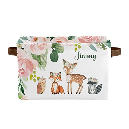 Woodland Animals Pink Floral Personalized Large Storage Box for Toy,Bathroom,Nursery,Home Kitchen Shelves,Custom Closet Decorative Storage Bins 1 Pack