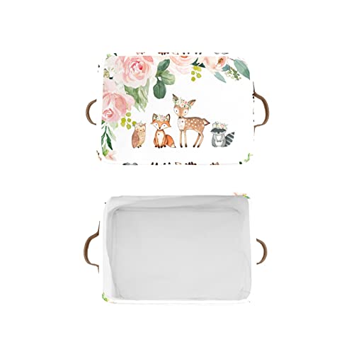 Woodland Animals Pink Floral Personalized Large Storage Box for Toy,Bathroom,Nursery,Home Kitchen Shelves,Custom Closet Decorative Storage Bins 1 Pack