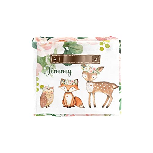 Woodland Animals Pink Floral Personalized Large Storage Box for Toy,Bathroom,Nursery,Home Kitchen Shelves,Custom Closet Decorative Storage Bins 1 Pack