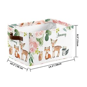 Woodland Animals Pink Floral Personalized Large Storage Box for Toy,Bathroom,Nursery,Home Kitchen Shelves,Custom Closet Decorative Storage Bins 1 Pack