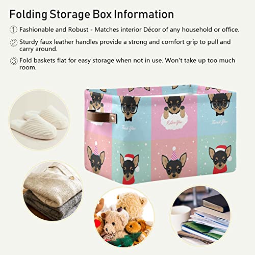 Chihuahua Puppy Snows Storage Basket Dog Storage Organizer Box Bin Large Collapsible Cube Baskets with PU Handles for Shelf Closet Nursery Laundry 1 Pack