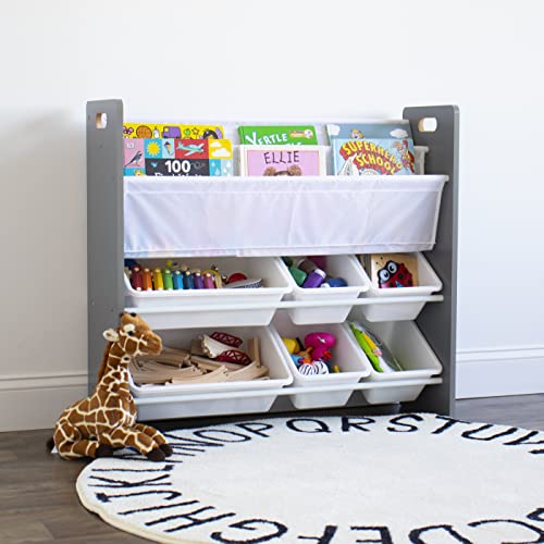 Humble Crew, Grey/White Kids Read n’ Play 6 Bin Toy Organizer and 2 Tier Bookrack