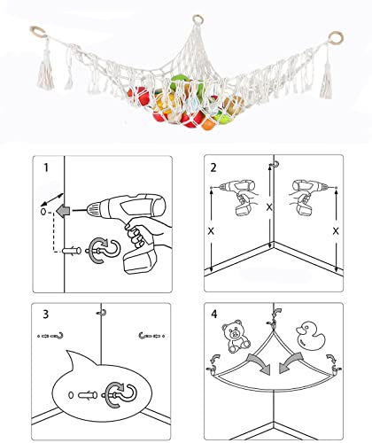 TRASUN Stuffed Animal Hammock Toy Net Plush Toy Hanging Organizer with Macrame Tassels Stuffed Animal Holder Display Corner Boho Large Storage Mesh Net for Playroom Bedroom (40" x 40" x 60", White)