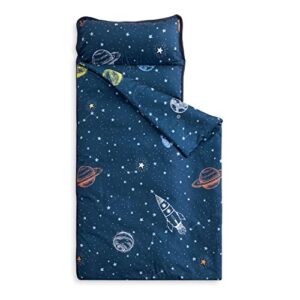 Wake In Cloud - Nap Mat with Removable Pillow for Kids Toddler Boys Girls Daycare Preschool Kindergarten Sleeping Bag, Rockets Stars Galaxy Space Planet on Navy Blue, 100% Soft Microfiber