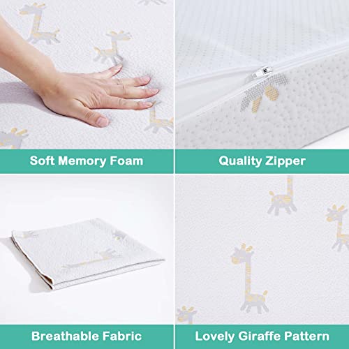 Portable Pack and Play Mattress Topper, Memory Foam Playpen Mattress with Removable Cover, Quiet and Odorless Playard Mattress Fits Pack N Play, 38"x26"x3"(Giraffe)